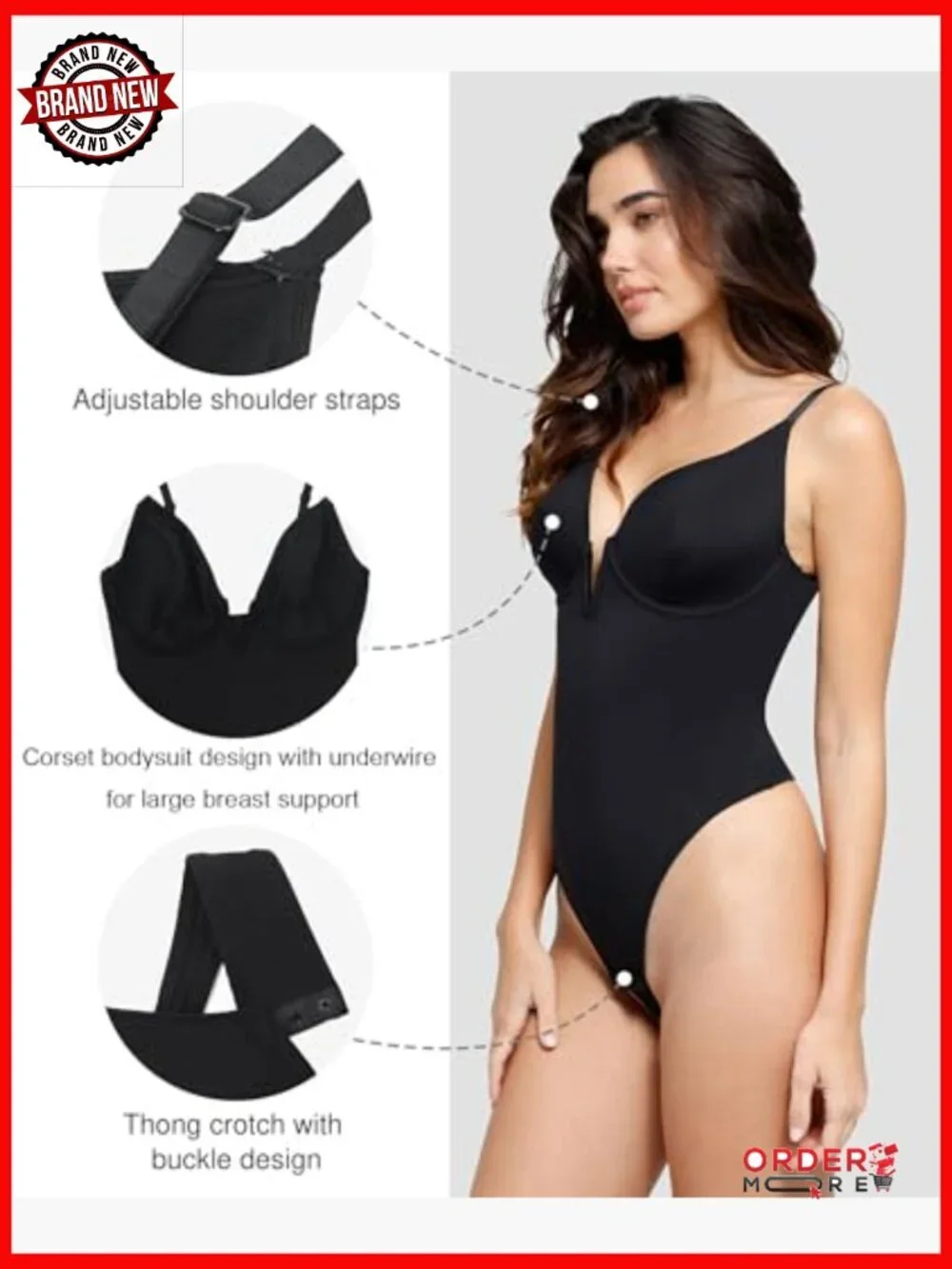 Tummy Control Shapewear Bodysuit Medium Nylon Spandex V Neck Backless